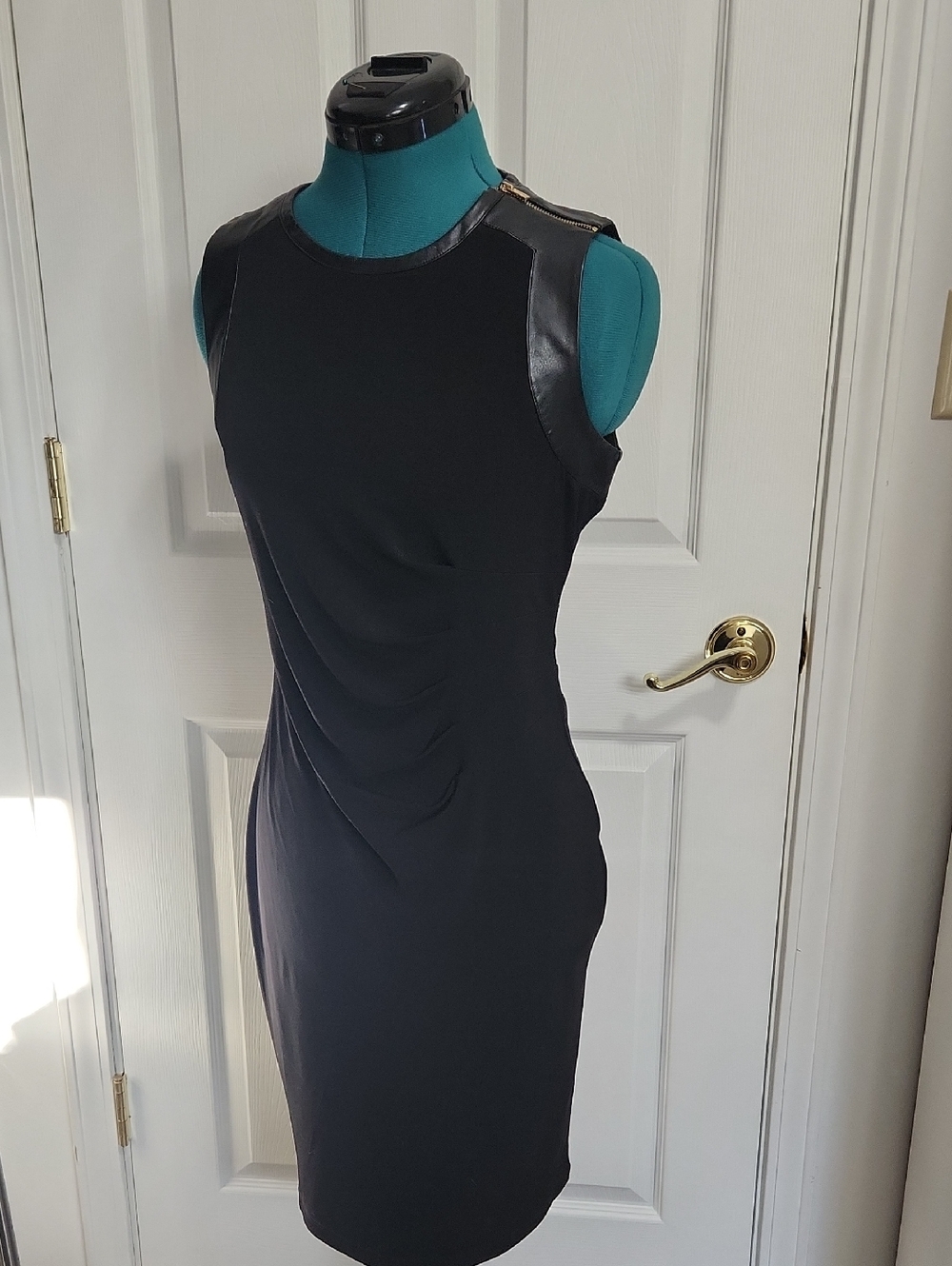 Calvin Klein Black Sleeveless Dress with Faux-Leather Trim Gold Zipper Detail
